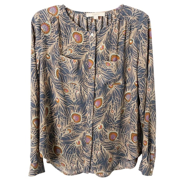 Ann Taylor Loft Women's Peacock Feather Button Up Long Sleeve Blouse Size XS - Picture 1 of 7